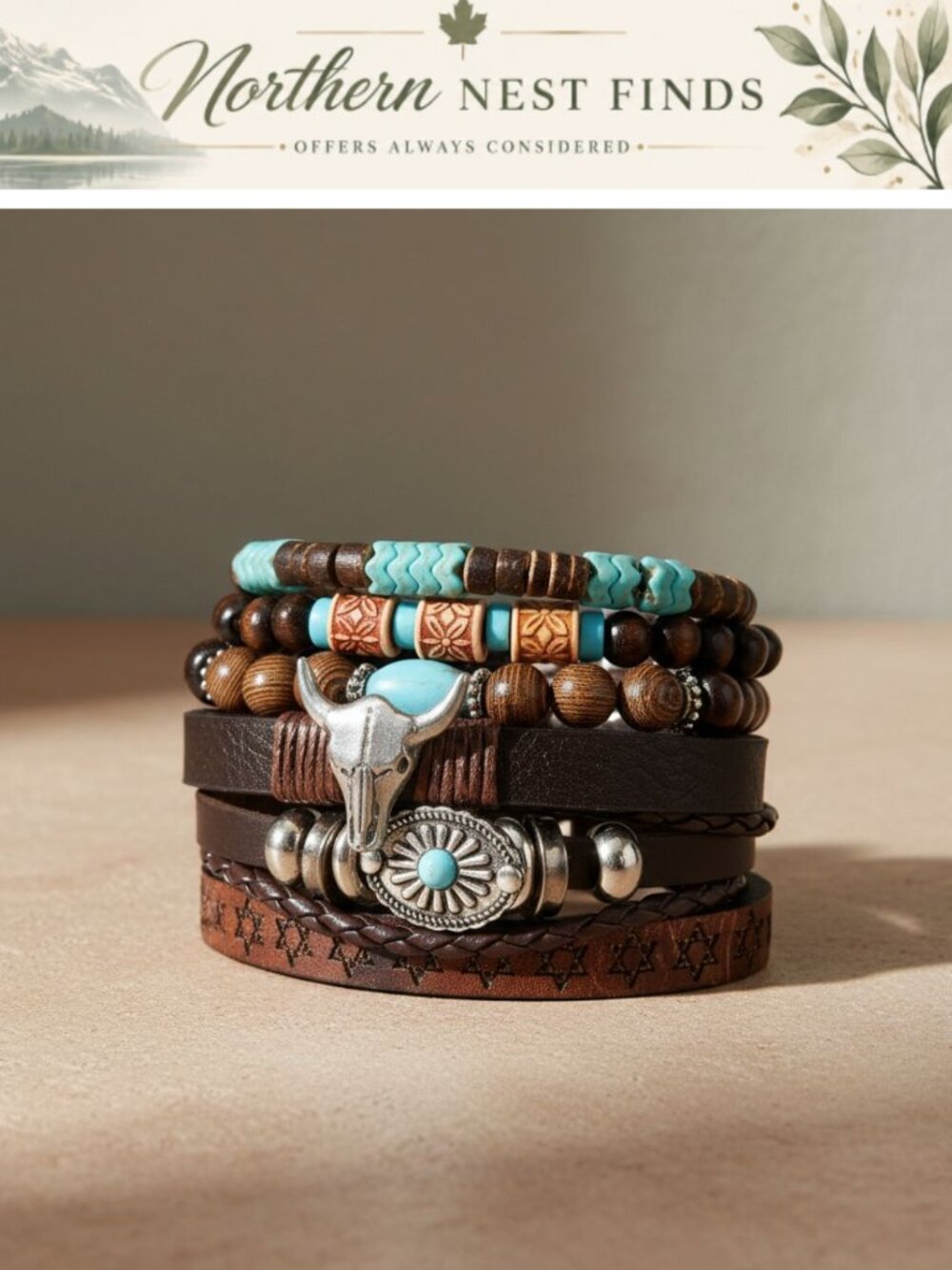 Western Turquoise Beaded Stack Bracelet Cowgirl Cow Head Charm